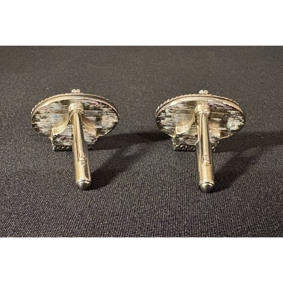 Vintage Delft Swank Nautical Blue Porcelain Sailboat Cufflinks Silver Tone Oval - Picture 3 of 13